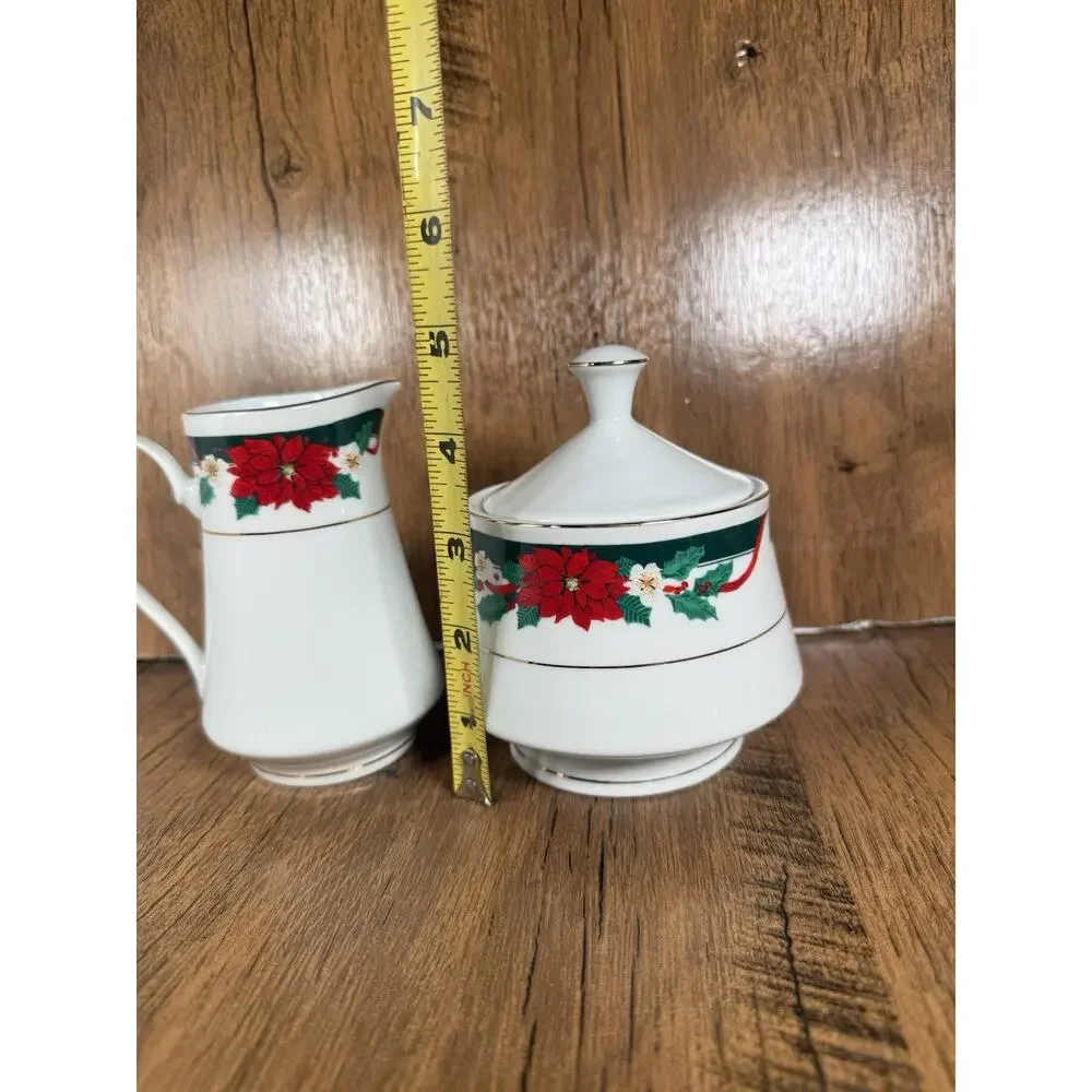 Vintage Tienshan Deck The Halls Christmas Sugar and Creamer Set, Poinsettias Red
